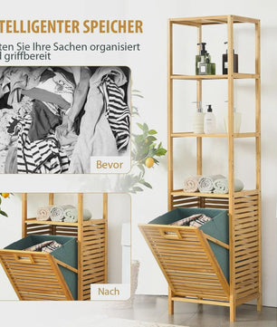 Bamboe Badkamerrek met Wasmand - 2-in-1 Hoge Kast met 3 Planken