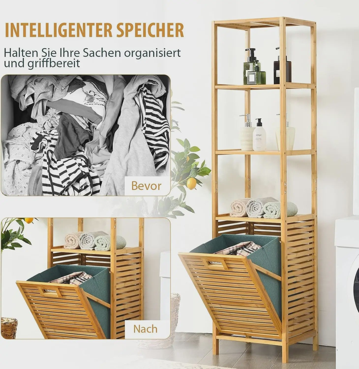 Bamboe Badkamerrek met Wasmand - 2-in-1 Hoge Kast met 3 Planken