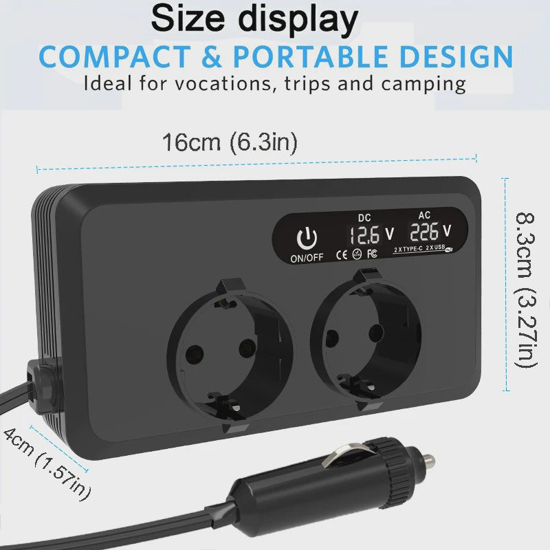 200W Auto Omvormer met 2x AC Stopcontact, 2x USB & 2x USB-C - Snel Laden