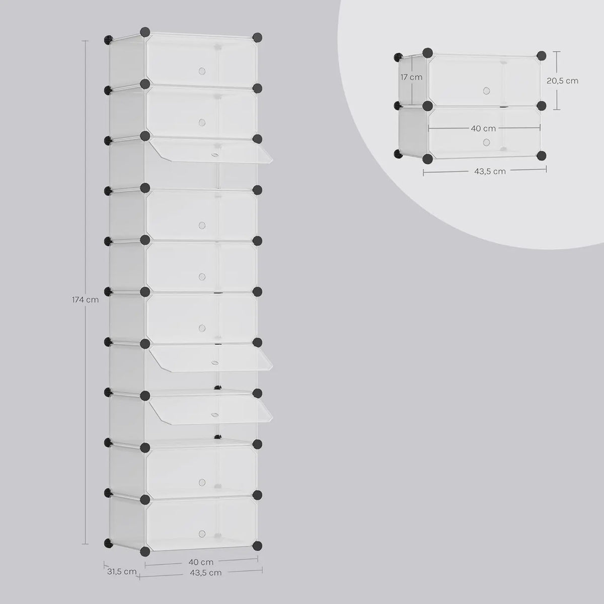 Modulaire Schoenenkast met 10 Vakken - Wit/Zwart - 47x35x170cm - Opbergkast voor Hal, Slaapkamer of Woonkamer