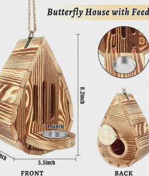 Houten Vlinderhuisje met Voederbakje & Ophangtouw - Decoratief Bijenhotel voor Tuin & Balkon