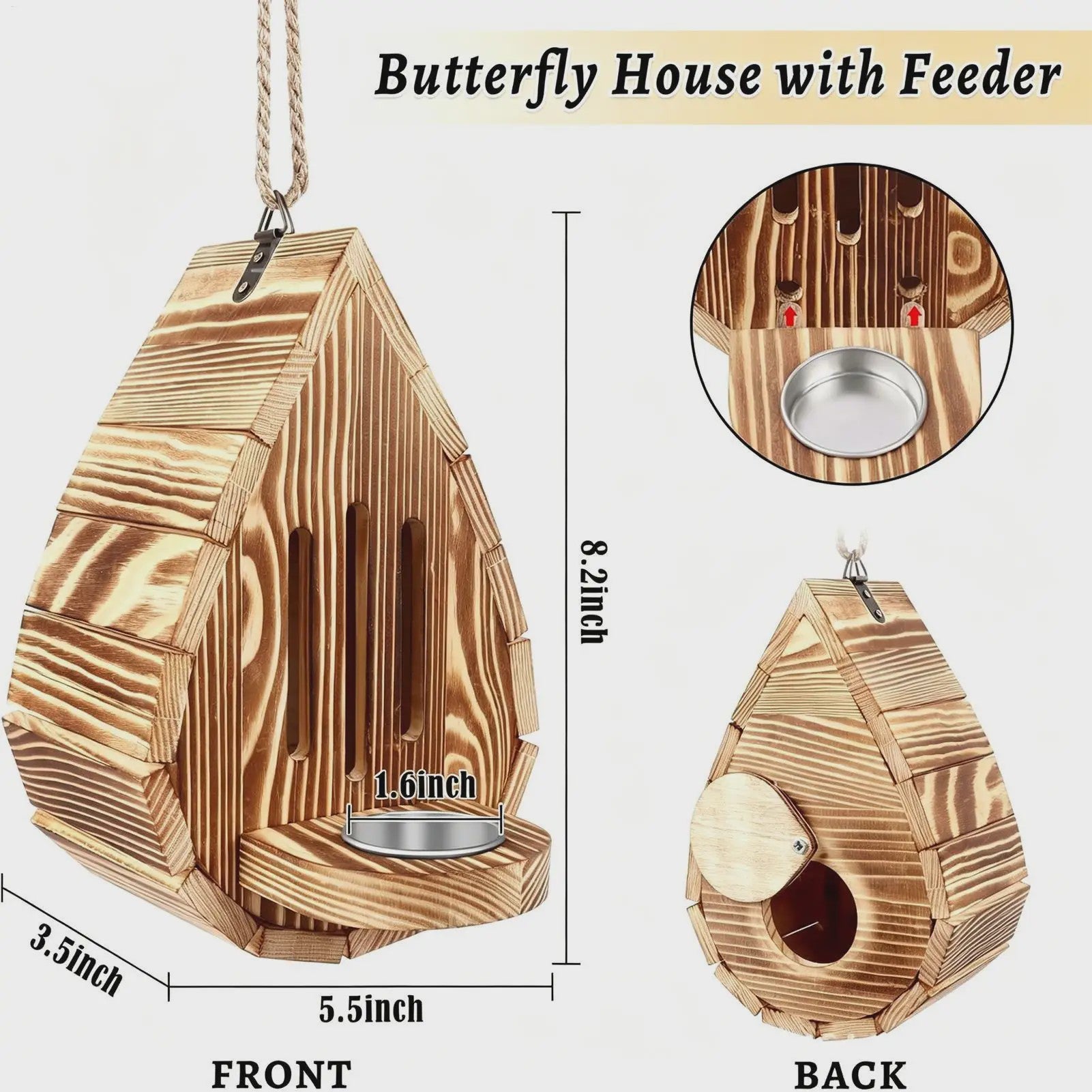 Houten Vlinderhuisje met Voederbakje & Ophangtouw - Decoratief Bijenhotel voor Tuin & Balkon
