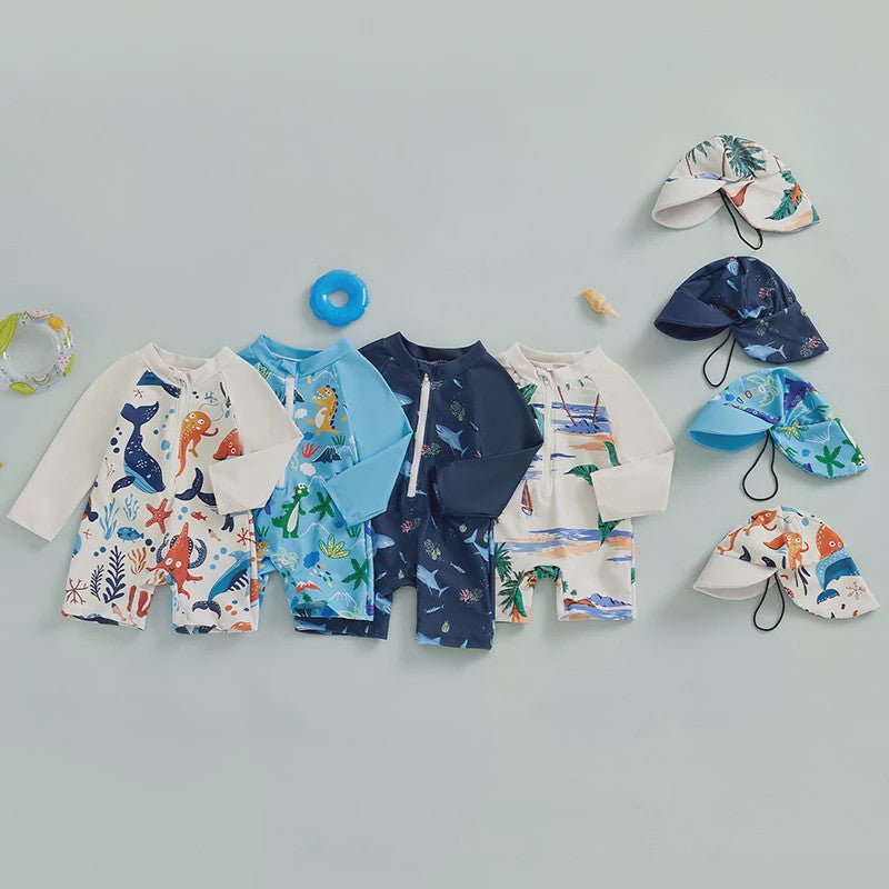 Zwemset Jongens 0-5 Jaar: Rash Guard met Haaienprint en Zonnehoed
