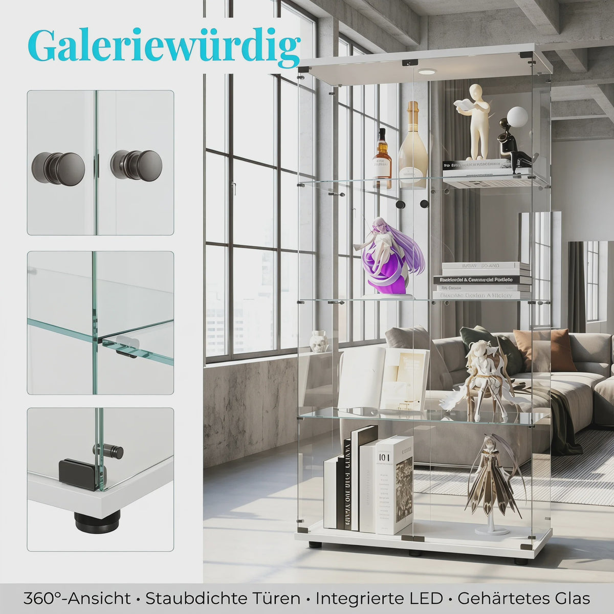 Glazen Vitrinekast met LED Verlichting - 4 Planken, 2 Deuren - 80.5x36.5x164cm