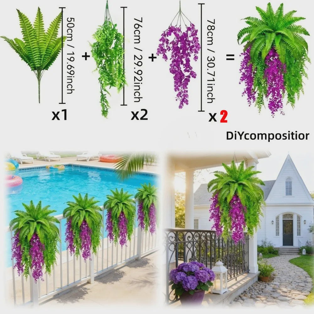 Kunstplant Boston Fern & Persische Violet met Klimop - Hangplant voor Groene Wand Decoratie
