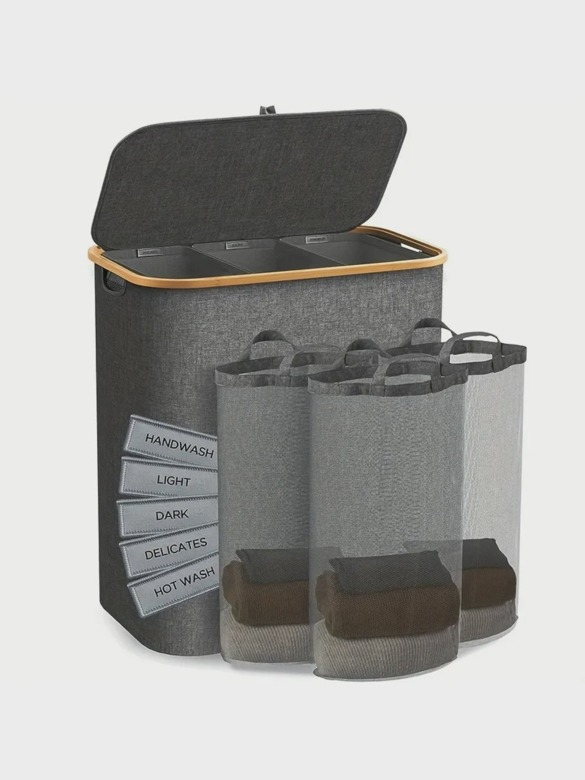 160L Opvouwbare Wasmand met 3 Uitneembare Zakken & Bamboe Handvatten - Donkergrijs