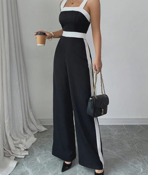 Elegante Zwart-Witte Jumpsuit met Vierkante Hals en Contrastrand - Feestelijke Stijl