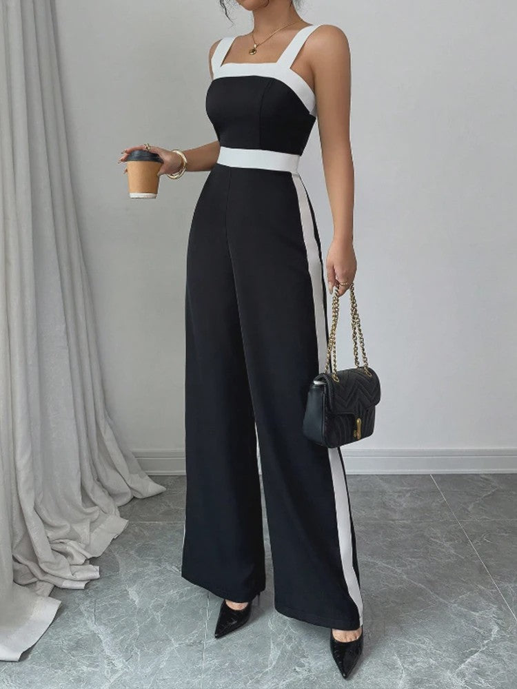 Elegante Zwart-Witte Jumpsuit met Vierkante Hals en Contrastrand - Feestelijke Stijl