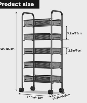 5-Laags Keuken Trolley met Wielen - Carbon Staal Opbergrek met Haken