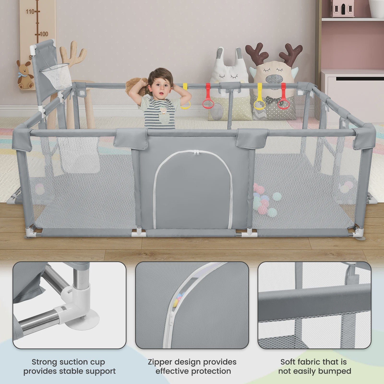 XL Baby Speelpen 180x120cm met Basketbalring, Voetbalframe en 50 Ballen