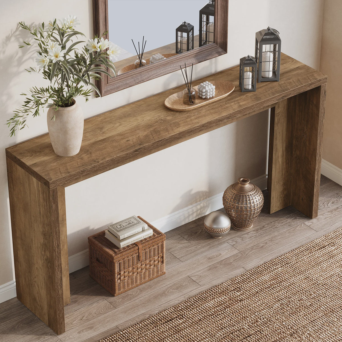 Tribesigns 140cm Farmhouse Console Tafel met Opbergruimte - Rustiek Bruin Hout