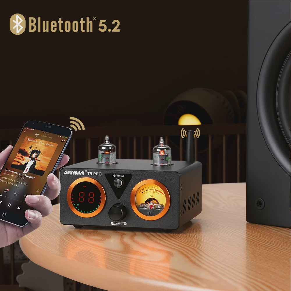 AIYIMA T9 PRO HiFi Bluetooth 5.2 Tube Versterker met VU Meter - 100W x 2 Stereo Audio Amp met USB DAC, COAX & OPT