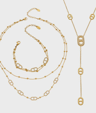 Dainty Gelaagde Sieraden Set: 18k Goudkleurig Roestvrij Staal Collier & Armband met Zirkonia