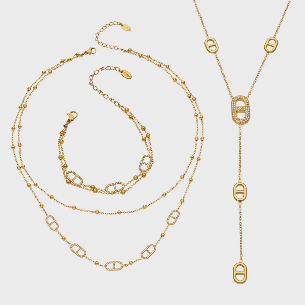 Dainty Gelaagde Sieraden Set: 18k Goudkleurig Roestvrij Staal Collier & Armband met Zirkonia