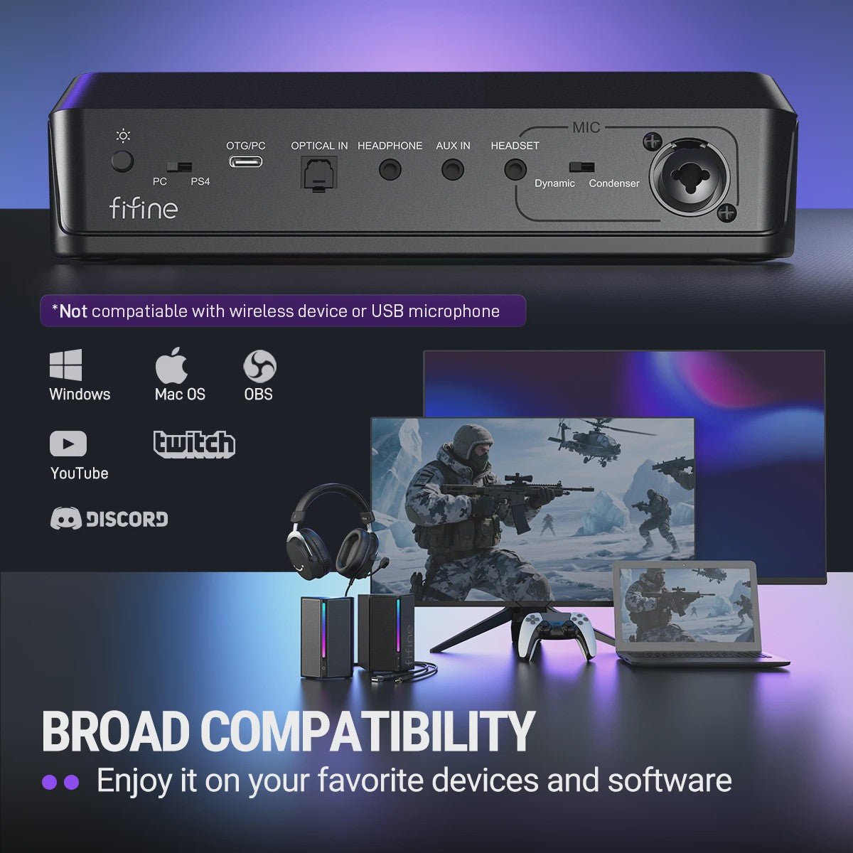 FIFINE SC8 Audio Mixer: RGB, Voice Changer & EQ voor Gaming, Streaming & Podcasts