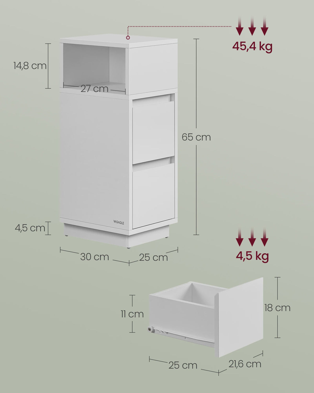 VASAGLE Nachtkastje Set van 2 - Smal Bijzettafeltje met 2 Lades en Open Vak
