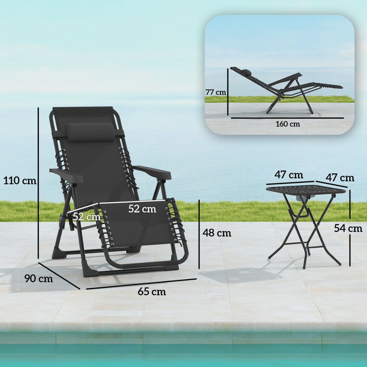 Outsunny Loungeset 2 Klapstoelen met bijzettafel, zwart - Comfortabel en Draagbaar