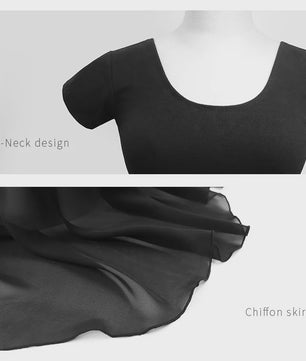 Zwart Balletpakje met Korte Mouwen en Chiffon Rokje - Dans, Gymnastiek, Yoga