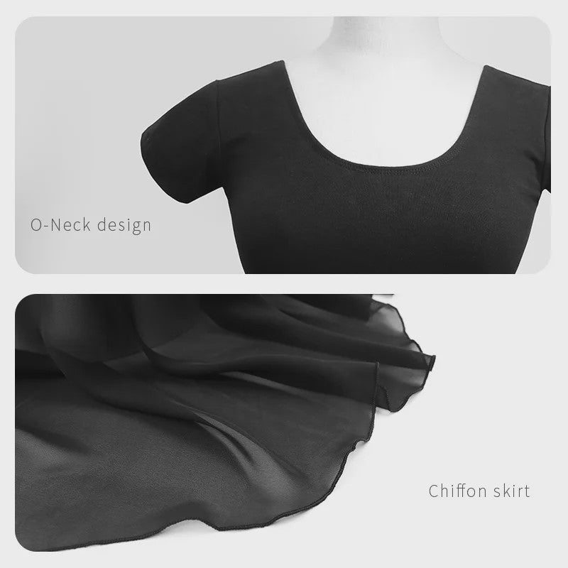 Zwart Balletpakje met Korte Mouwen en Chiffon Rokje - Dans, Gymnastiek, Yoga