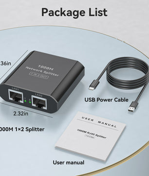 Gigabit RJ45 Netwerk Splitter 1000 Mbps (1-in-2-uit) met USB-C Voeding