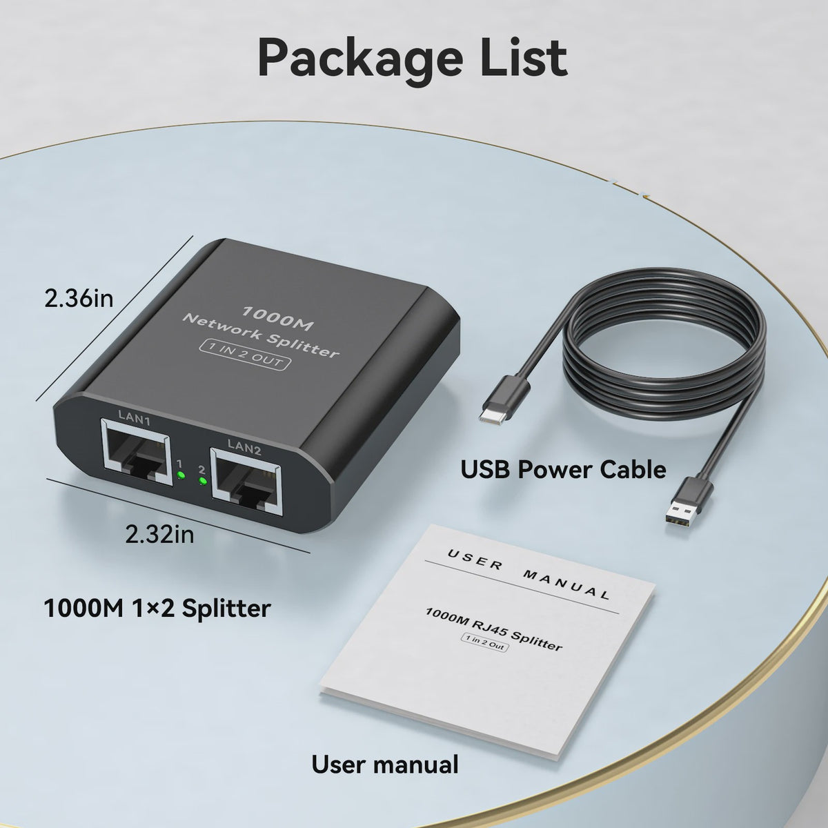 Gigabit RJ45 Netwerk Splitter 1000 Mbps (1-in-2-uit) met USB-C Voeding