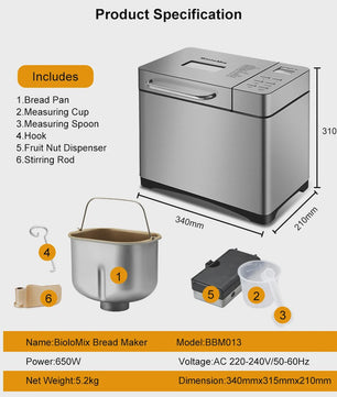 Biolomix Broodmachine 1KG - 19 Programma's, Roestvrij Staal, Automatische Notendispenser