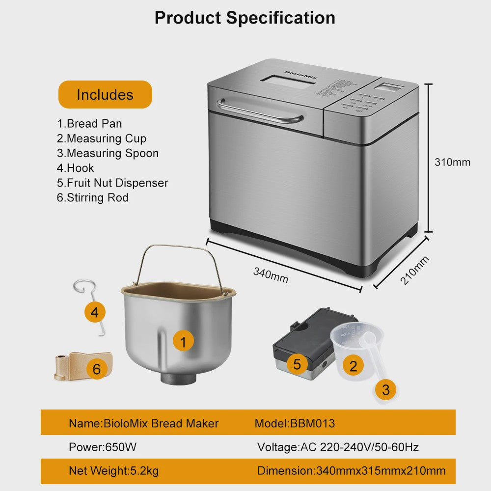 Biolomix Broodmachine 1KG - 19 Programma's, Roestvrij Staal, Automatische Notendispenser