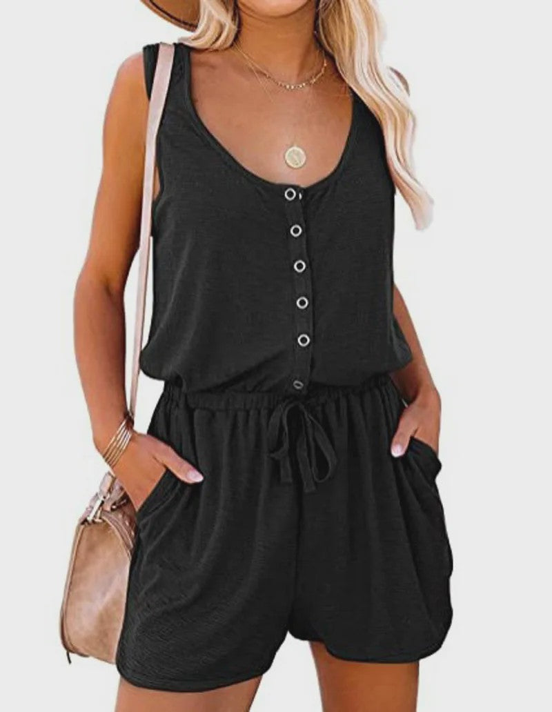 Zomerse Jumpsuit Dames - Mouwloos met Tailleband & Wijde Pijpen Shorts