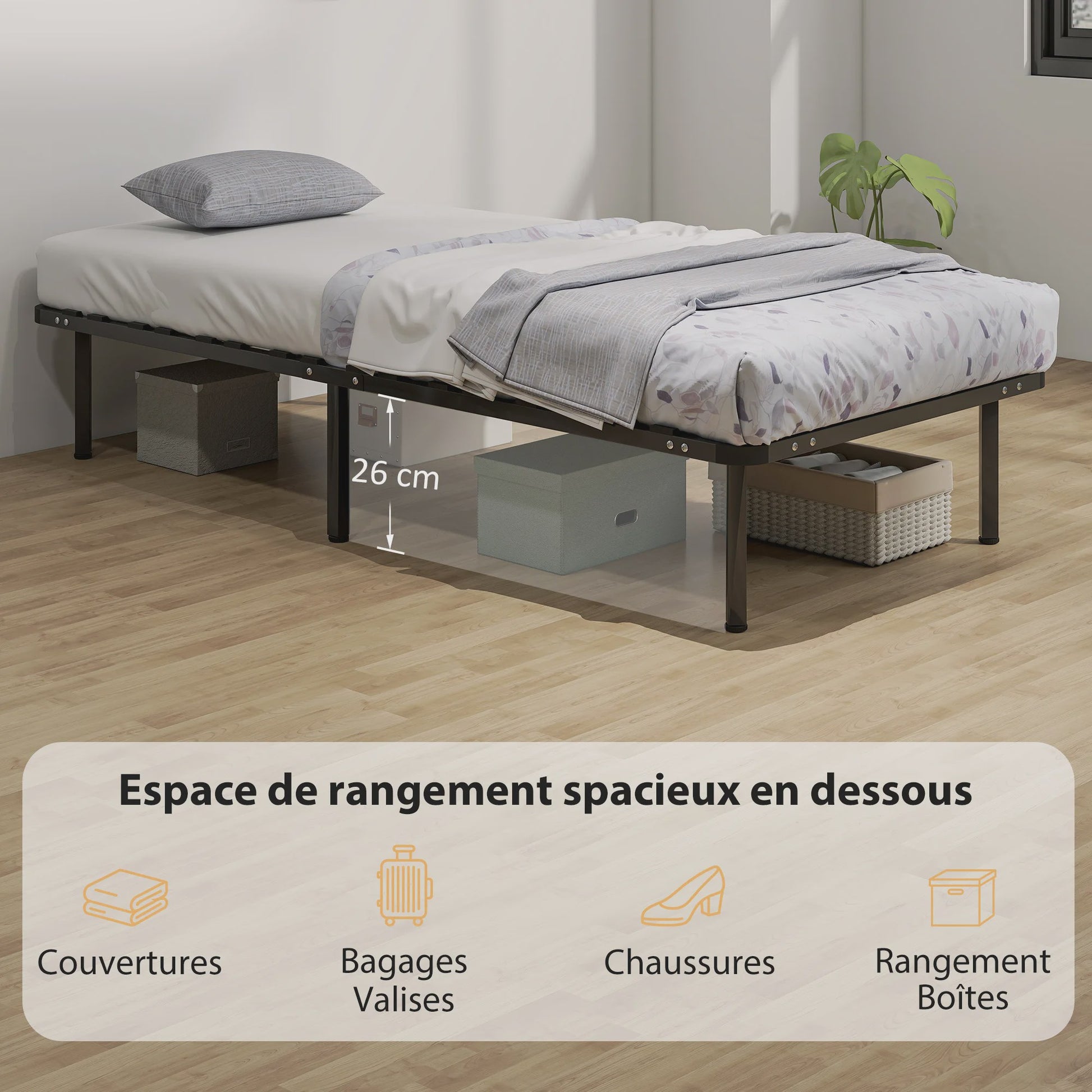 HOMCOM Bedframe 90x190 cm - Stevig Lattenbodem Bed met Opbergruimte