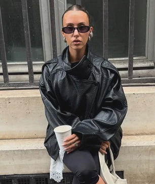 Dames Elegante Zwarte Jas - Street Style Asymmetrisch met Rits en Zakken