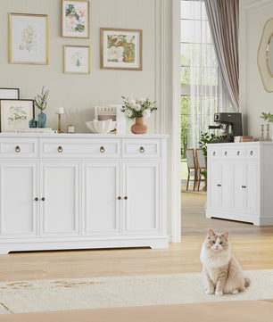 Stijlvol Wit Retro Sideboard met 3 Lades en 4 Deuren - 134x40x87cm