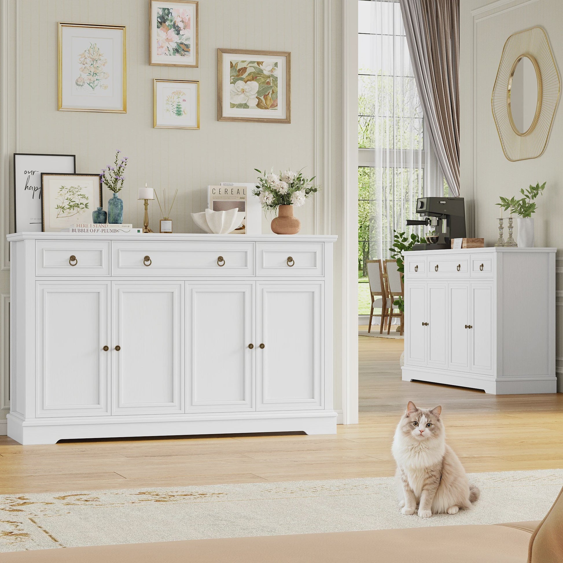 Stijlvol Wit Retro Sideboard met 3 Lades en 4 Deuren - 134x40x87cm