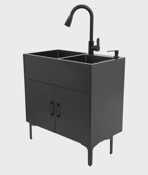 Dubbele RVS Spoelbak met Zwart Wastafelmeubel - Vrijstaand 30-Inch