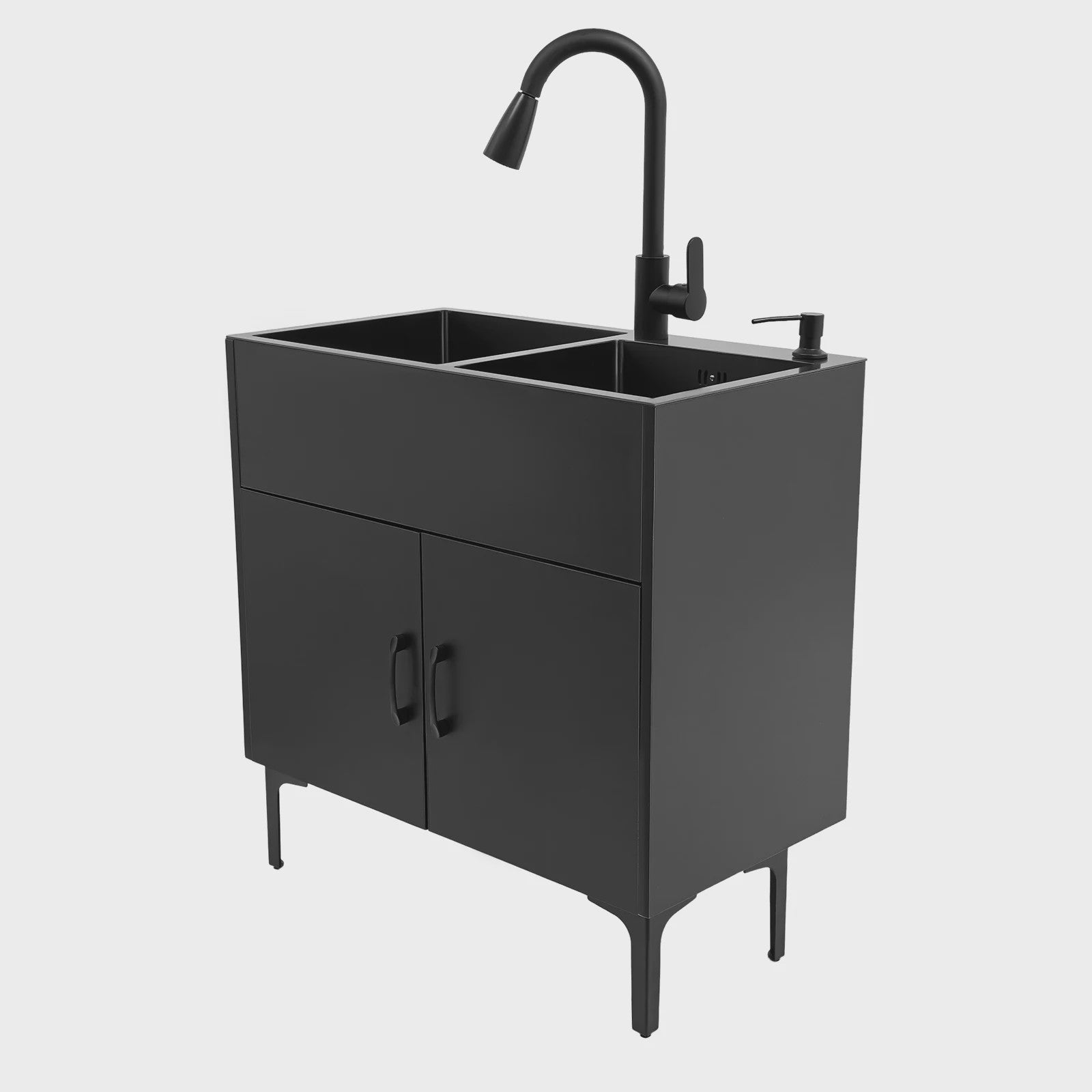 Dubbele RVS Spoelbak met Zwart Wastafelmeubel - Vrijstaand 30-Inch