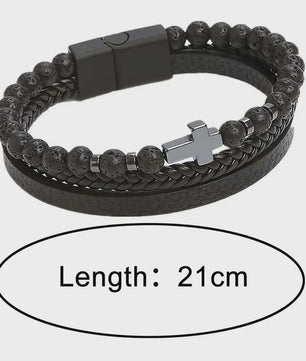 Vintage Heren Leren Armband met Kruis & Tijgeroog Kralen - Punk Stijl