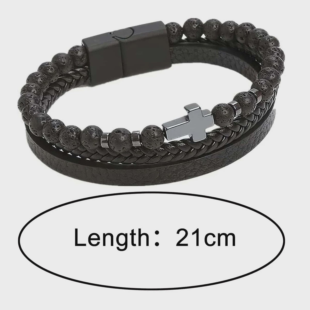 Vintage Heren Leren Armband met Kruis & Tijgeroog Kralen - Punk Stijl