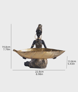 Afrikaanse Vrouw Sculptuur met Gouden Blad Schaal - Decoratieve Opberger & Verzamelobject