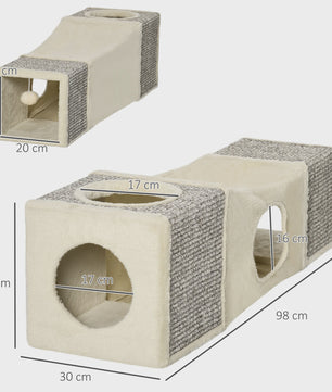 PawHut Katten Tunnel Speelgoed met Hangende Bal en Sisal - 98x30x30 cm Crème