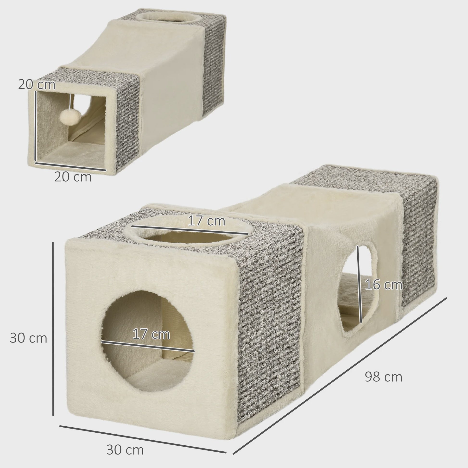 PawHut Katten Tunnel Speelgoed met Hangende Bal en Sisal - 98x30x30 cm Crème