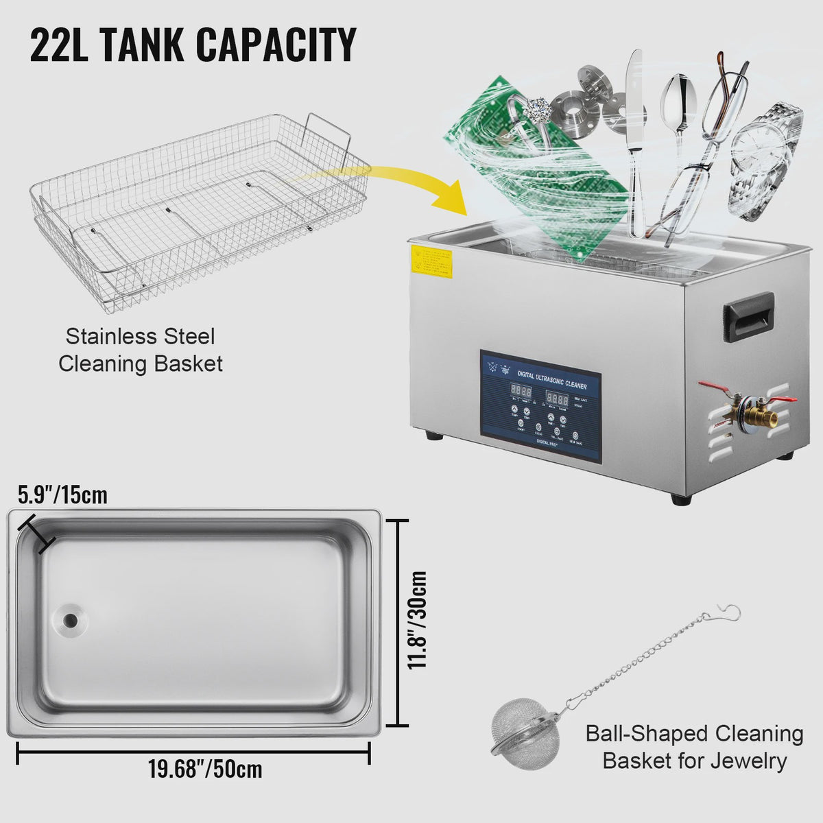 22L Digitale Ultrasone Reiniger met Verwarming en Dubbele Frequentie (28/40kHz)