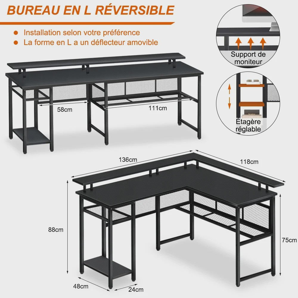 L-vormige Gaming Bureau 136x75cm met LED Verlichting en USB Poort - Ideaal voor Gamers en Werk