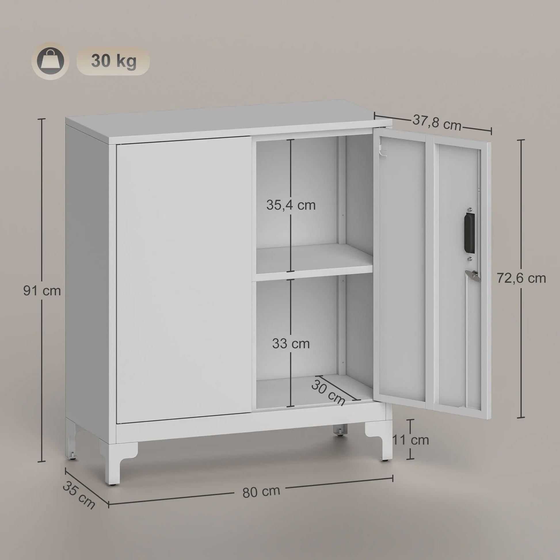 HOMCOM Metalen Archiefkast met 2 Deuren, Slot en Verstelbare Plank - Wit, 80x35x91 cm