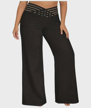 Plus Size Elegante Palazzo Broek met Crisscross Mesh Tailleband