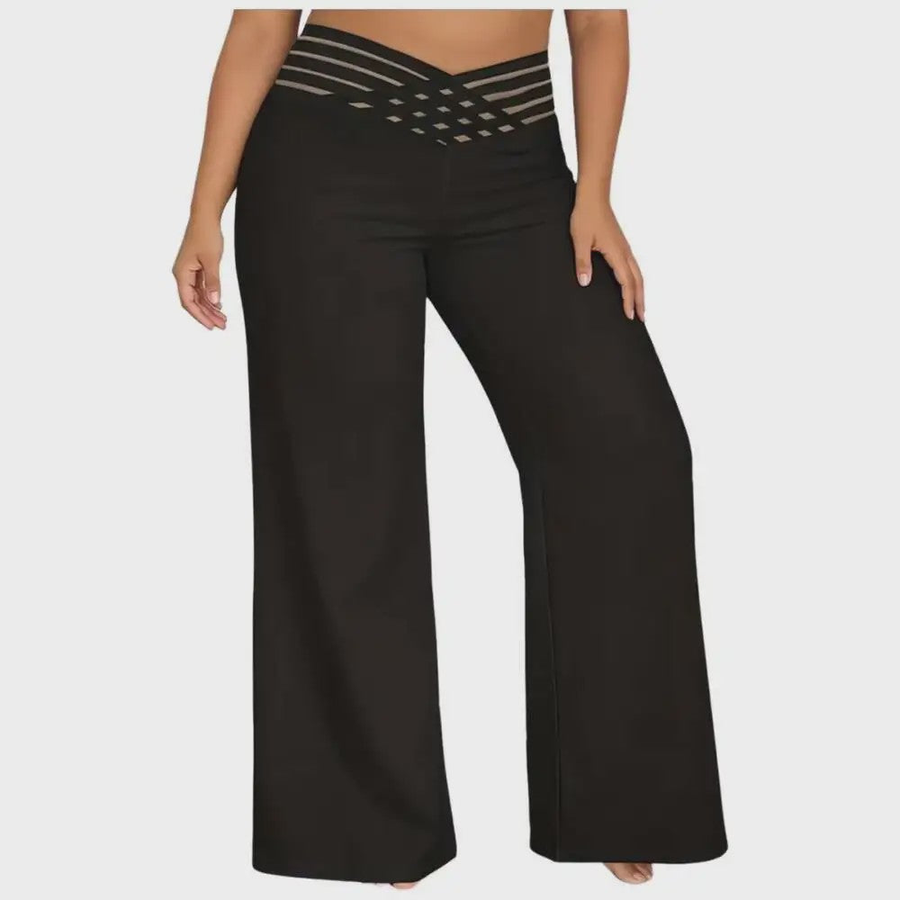 Plus Size Elegante Palazzo Broek met Crisscross Mesh Tailleband