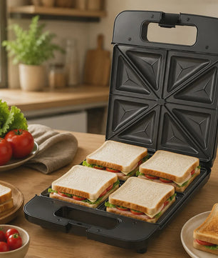 Zwarte Sandwichmaker 1400W - 4 Sandwiches, Dubbelzijdig Verwarmen, Anti-aanbakplaten