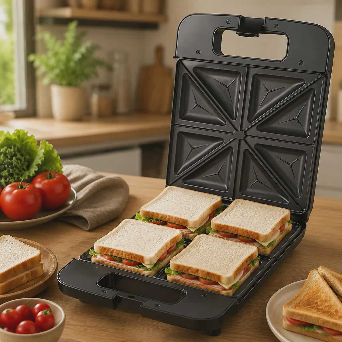 Zwarte Sandwichmaker 1400W - 4 Sandwiches, Dubbelzijdig Verwarmen, Anti-aanbakplaten