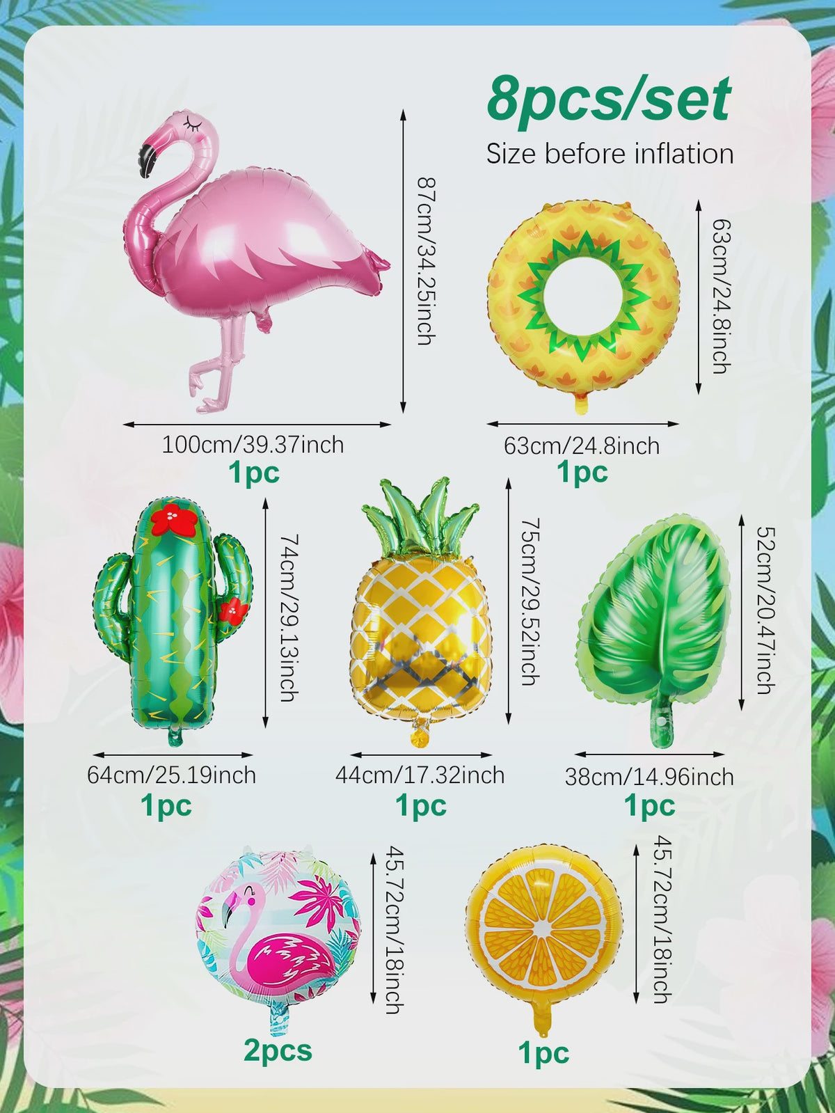 8-delige Tropische Feestballonnen Set met Flamingo, Ananas, Cactus & Citrus