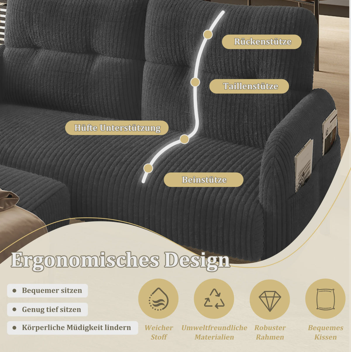 Corduroy 2-zitsbank met hoge rugleuning, zijvak en metalen poten - 120x75x79 cm