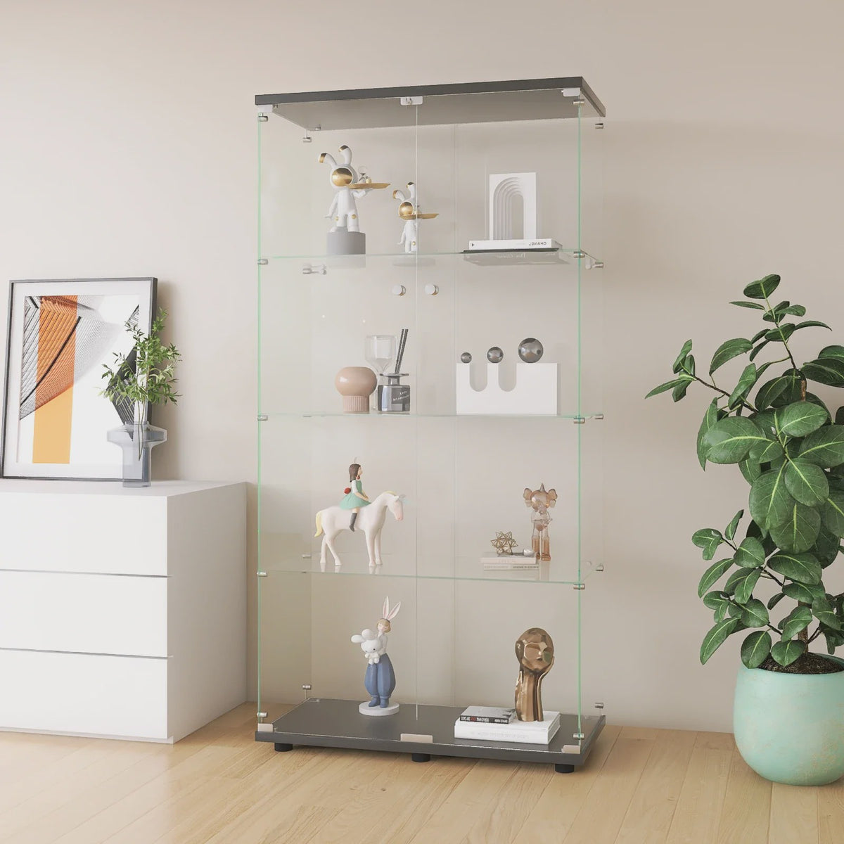 Moderne Glazen Vitrinekast met LED Verlichting, 4 Legborden en 2 Deuren