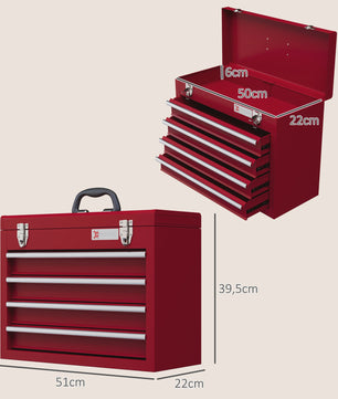 DURHAND Rode Metalen Gereedschapskist met 4 Lades en Bakje - 51x22 cm